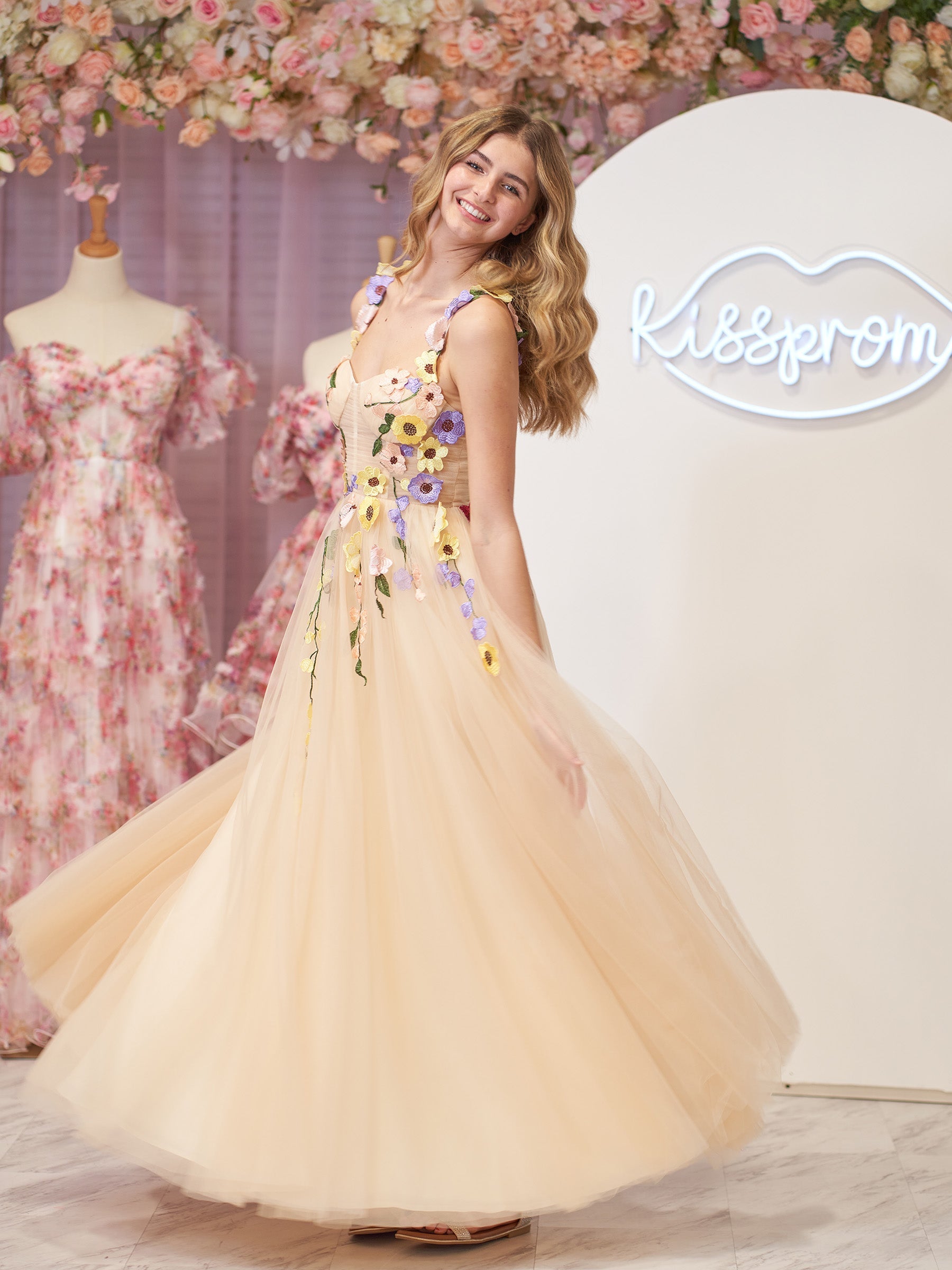 Charming A-Line Corset Midi Prom Dress with 3D Flowers BM bride