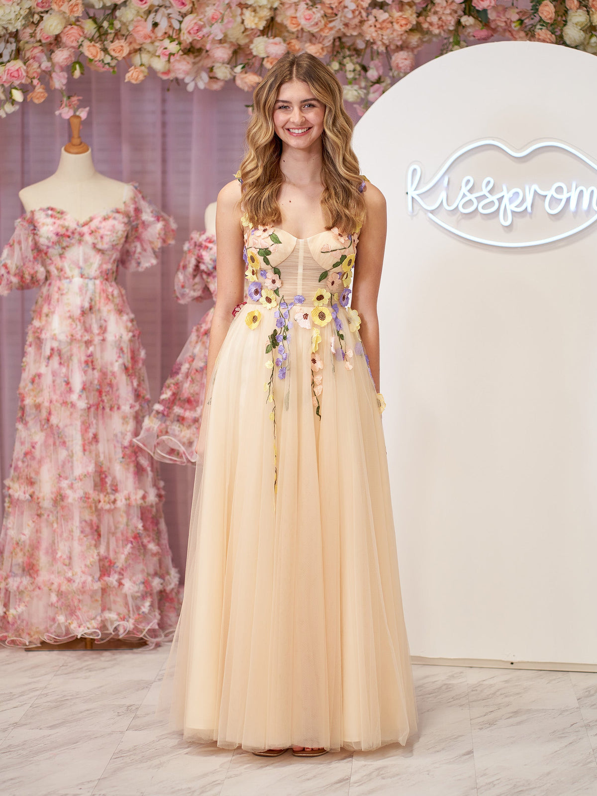 Charming A-Line Corset Midi Prom Dress with 3D Flowers BM bride