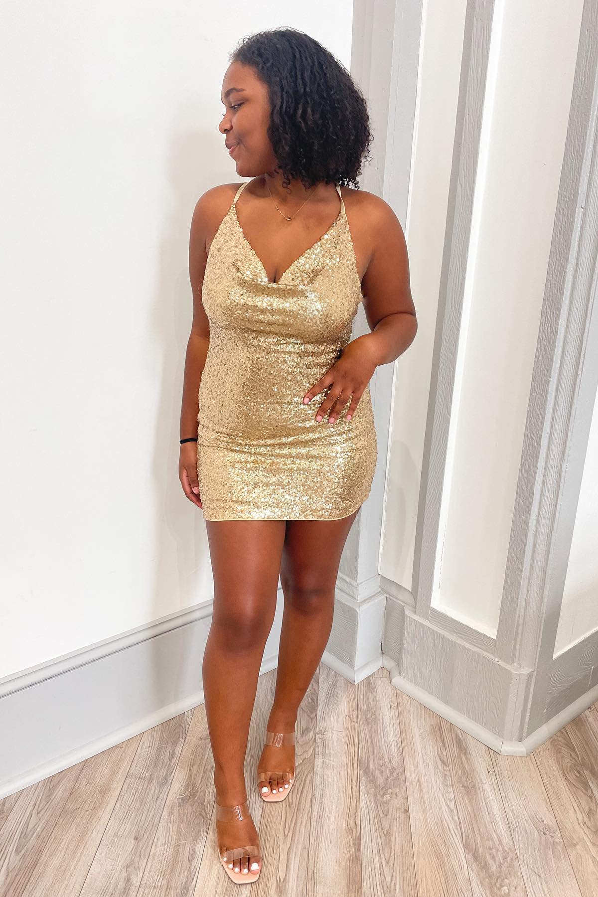 Sparkly Cowl Neck Emerald Green Sequin Mini Homecoming Dress BM bride