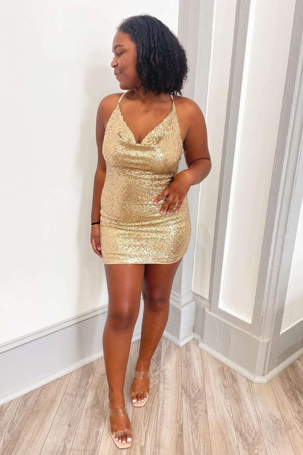 Sparkly Cowl Neck Emerald Green Sequin Mini Homecoming Dress BM bride