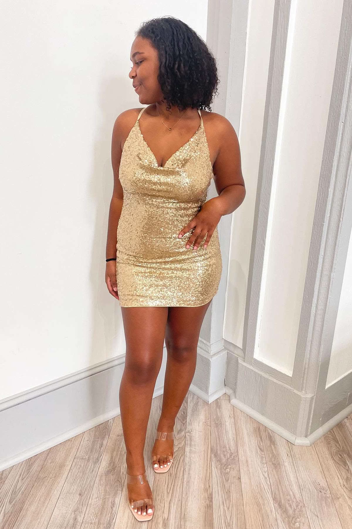 Sparkly Cowl Neck Emerald Green Sequin Mini Homecoming Dress BM bride