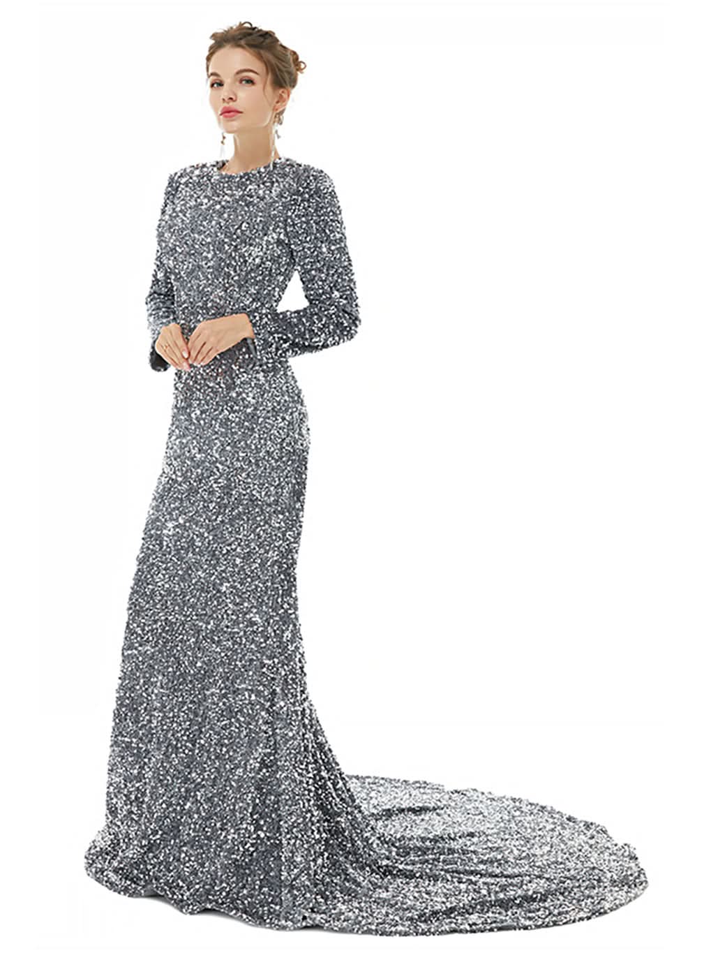 Crew Long Sleeves Sequins Floor-Length Dress BMbride