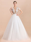Crew See Through Short Sleeves Tulle Appliques Floor-Length Wedding Dress BMbride
