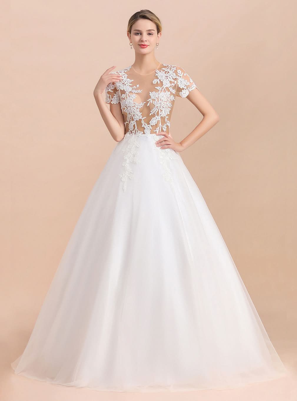 Crew See Through Short Sleeves Tulle Appliques Floor-Length Wedding Dress BMbride
