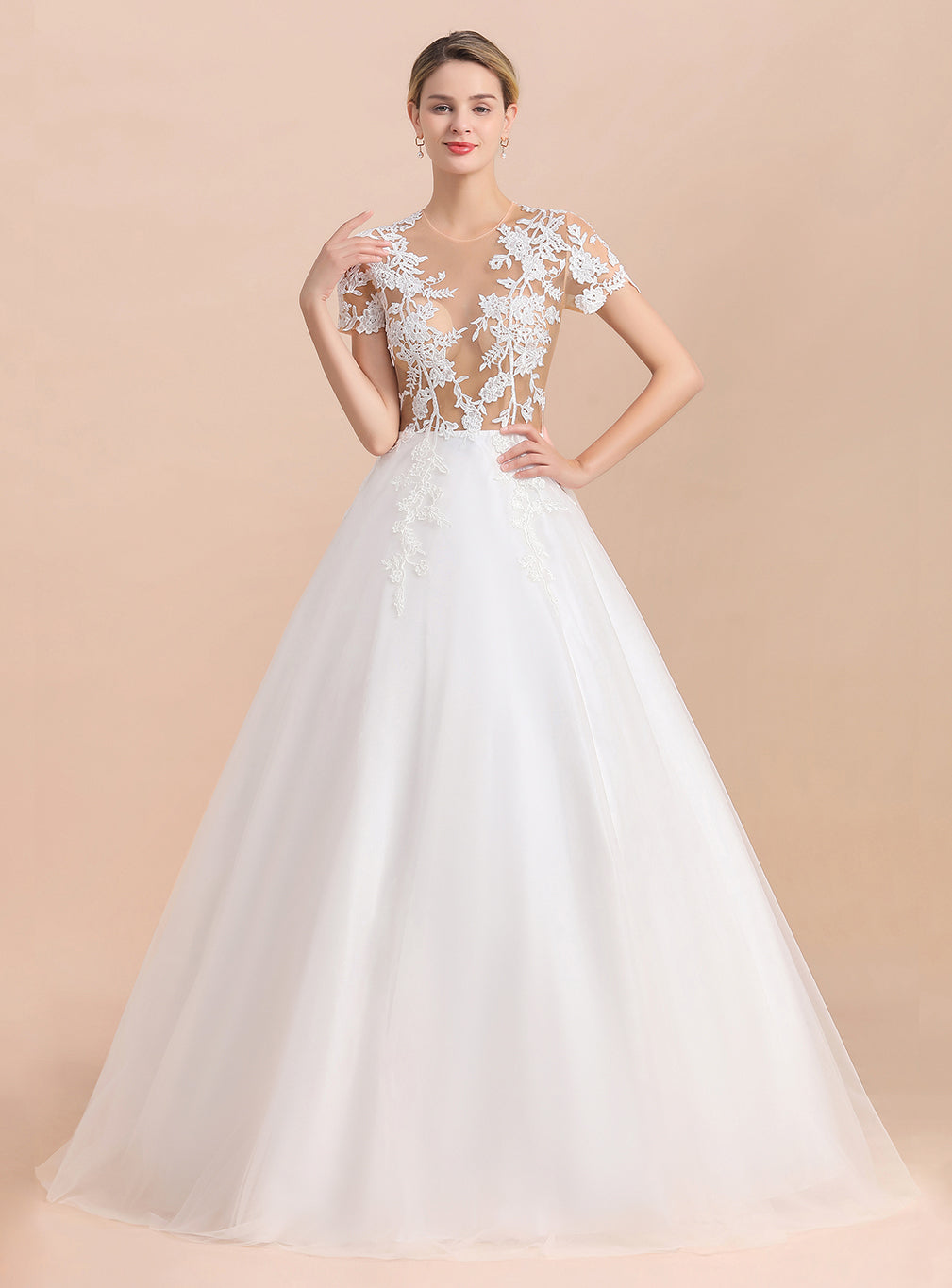 Crew See Through Short Sleeves Tulle Appliques Floor-Length Wedding Dress BMbride