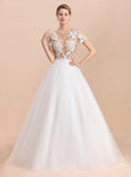 Crew See Through Short Sleeves Tulle Appliques Floor-Length Wedding Dress BMbride