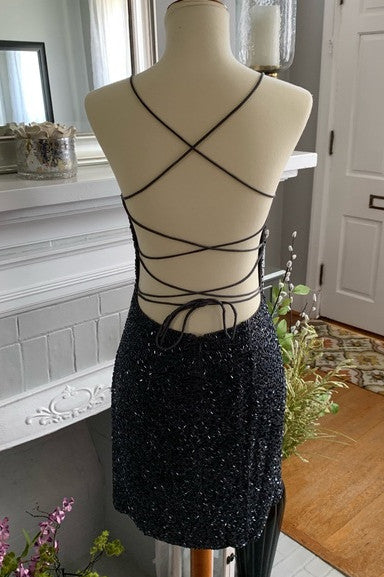 Chic Scoop Neck Beaded Satin Bodycon Homecoming Dress for a Sleek Look BM bride