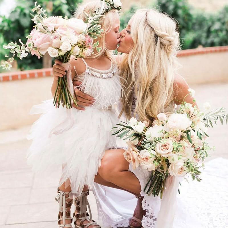 BMbride Cute A-line Tea Length Spaghetti Straps Feather Flower Girl Dresses BMbride