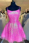 Vibrant Hot Pink Sequins A-Line Homecoming Dress for a Fun Evening BM bride