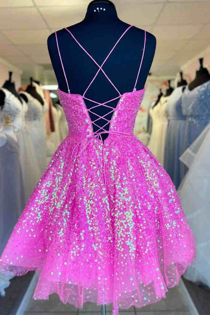 Vibrant Hot Pink Sequins A-Line Homecoming Dress for a Fun Evening BM bride