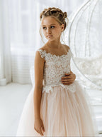 Adorable Sleeveless Floral Lace Champagne Flower Girl Dress BM bride