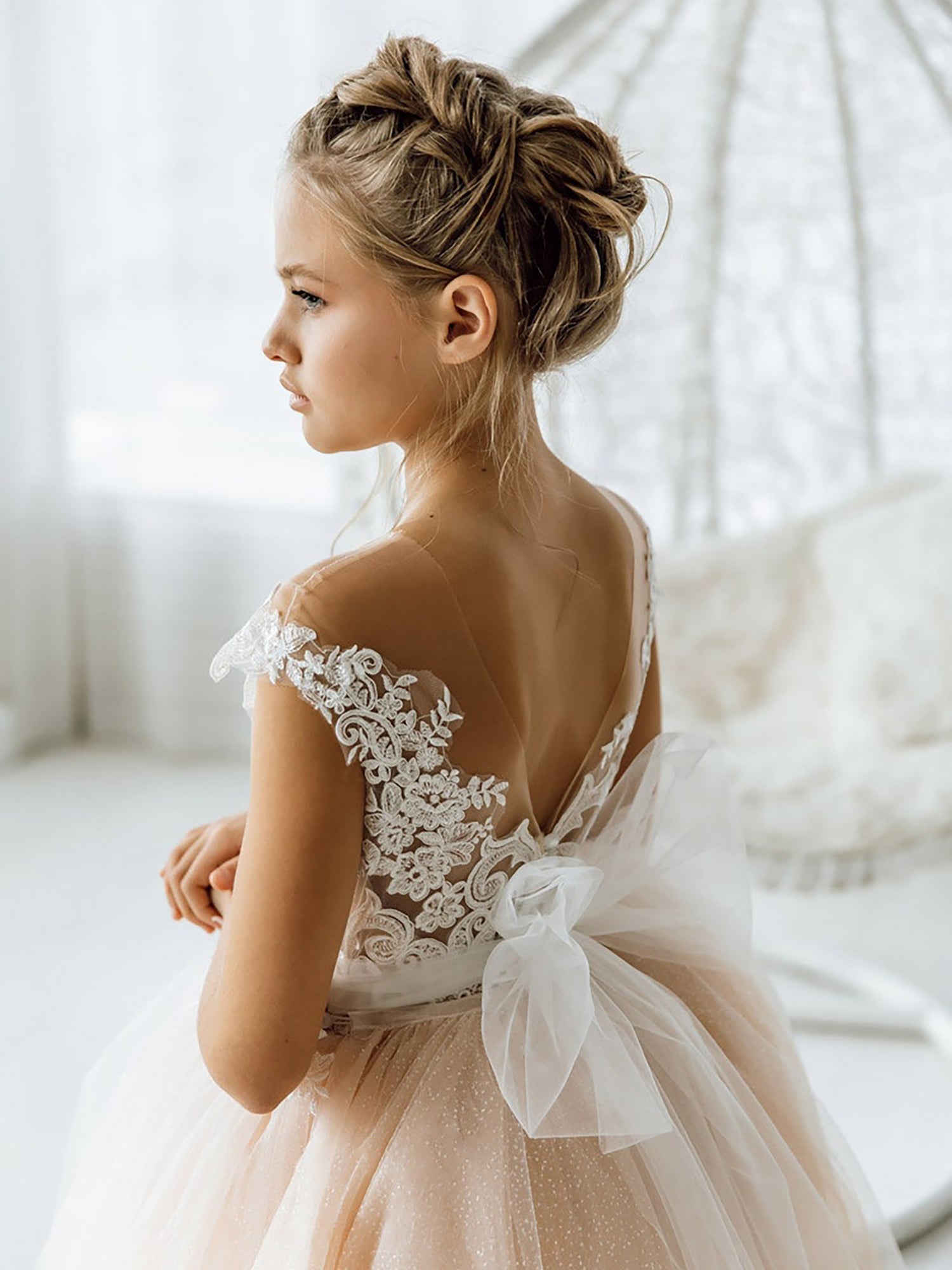 Adorable Sleeveless Floral Lace Champagne Flower Girl Dress BM bride