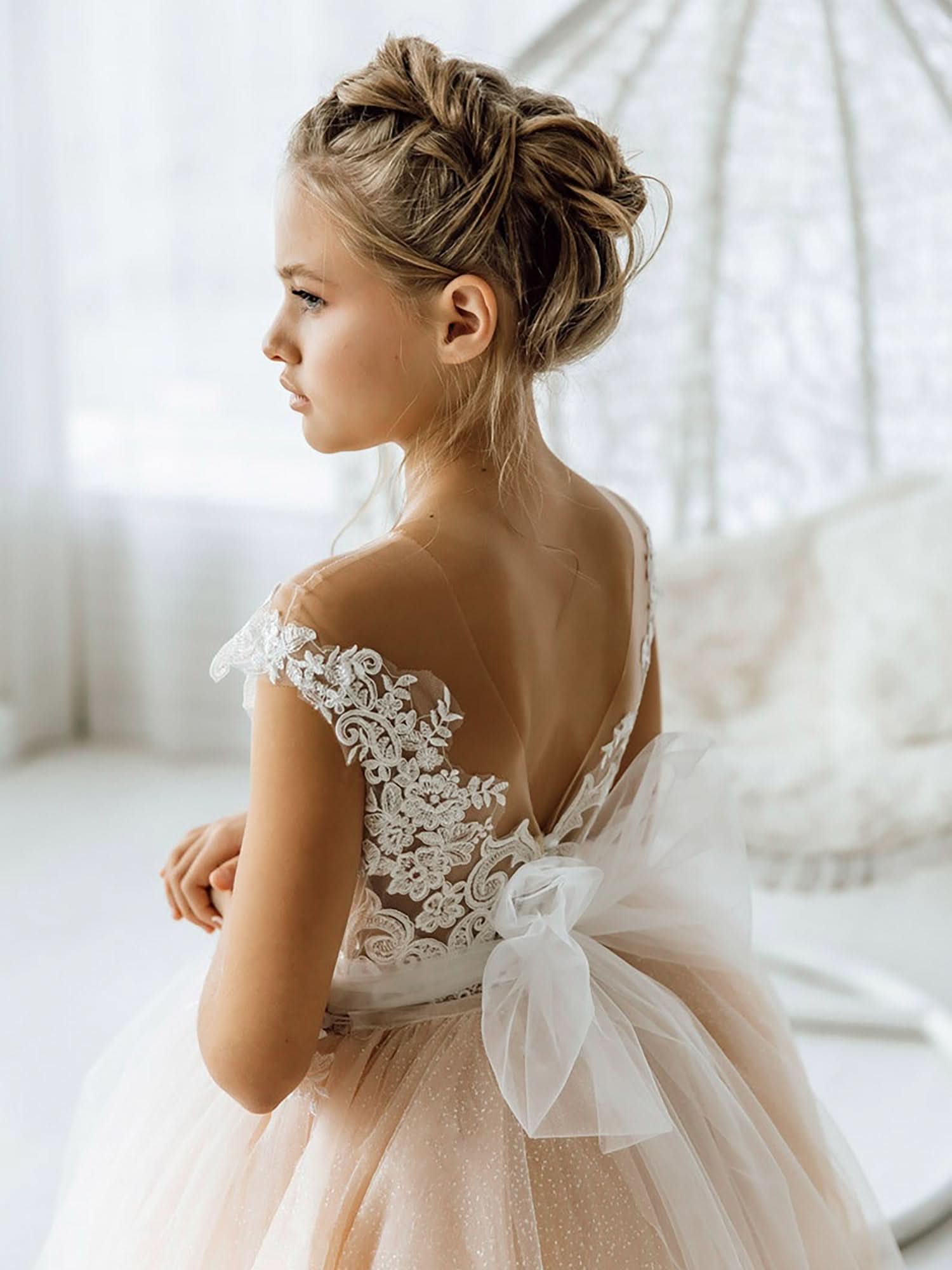 BMbride Cute Sleeveless Floral Lace Champagne Flower Girl Dress BMbride