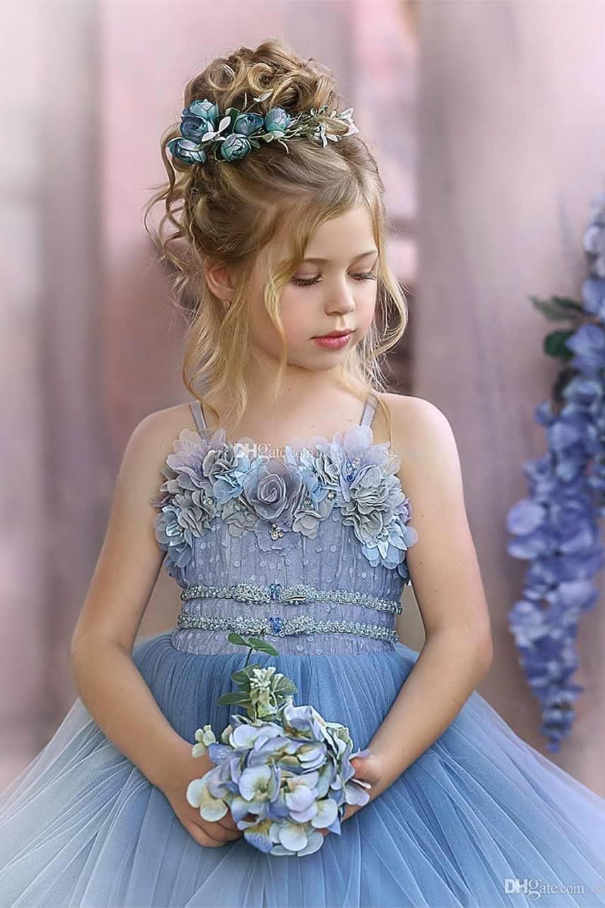 BMbride Cute Strapless Dusty Blue Ruffles Puffy Princess Flower Girl Dresses BMbride