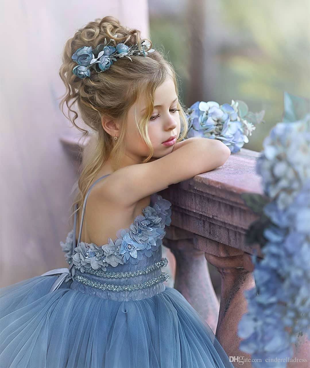 BMbride Cute Strapless Dusty Blue Ruffles Puffy Princess Flower Girl Dresses BMbride