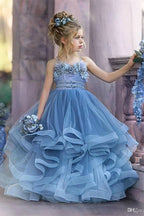BMbride Cute Strapless Dusty Blue Ruffles Puffy Princess Flower Girl Dresses BMbride