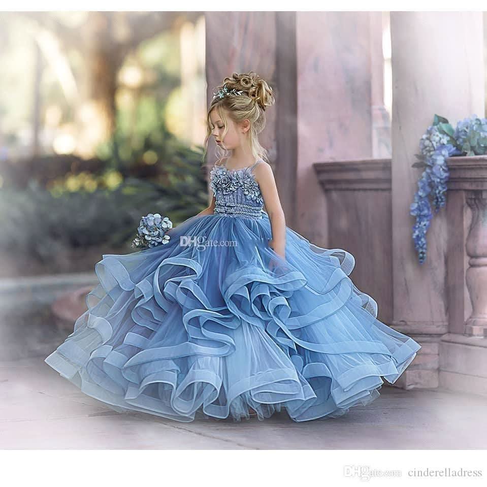BMbride Cute Strapless Dusty Blue Ruffles Puffy Princess Flower Girl Dresses BMbride
