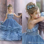 BMbride Cute Strapless Dusty Blue Ruffles Puffy Princess Flower Girl Dresses BMbride