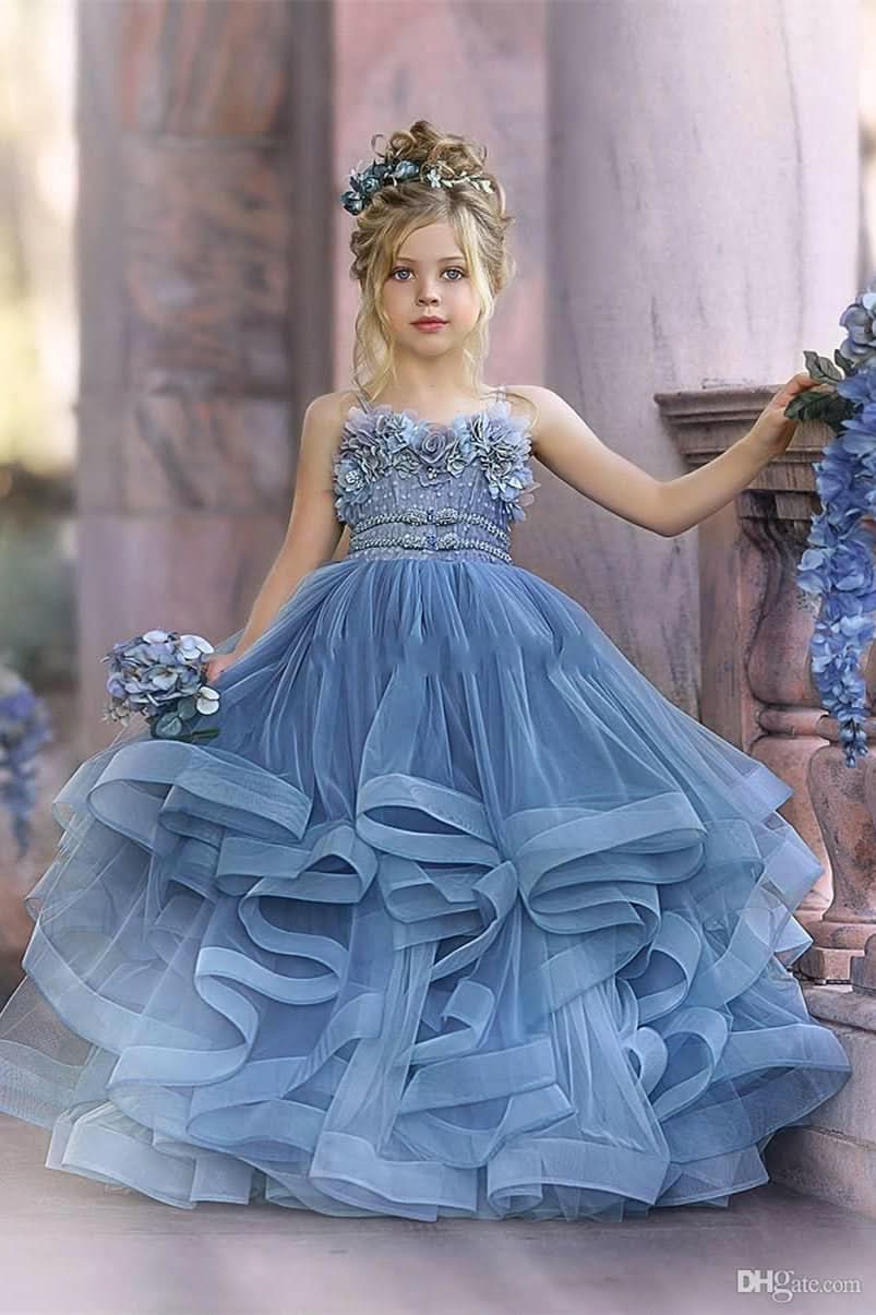 BMbride Cute Strapless Dusty Blue Ruffles Puffy Princess Flower Girl Dresses BMbride