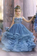 BMbride Cute Strapless Dusty Blue Ruffles Puffy Princess Flower Girl Dresses BMbride