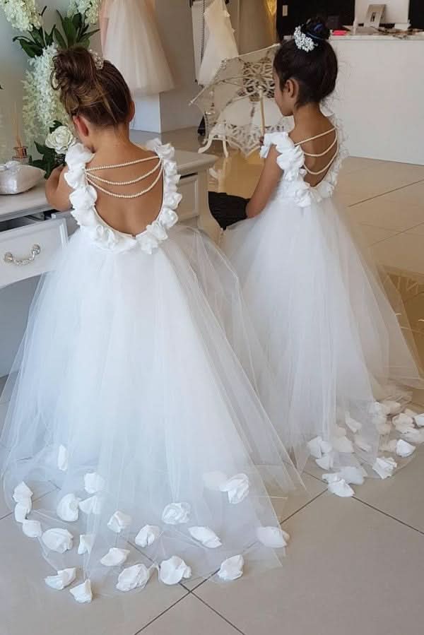 Charming Tulle Appliques Backless Flower Girl Dresses Graced with Pearls BM bride