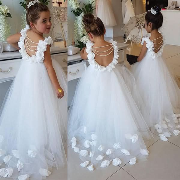 BMbride Cute Tulle Appliques Backless Flower Girl Dresses with Pearls BMbride