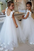 Charming Tulle Appliques Backless Flower Girl Dresses Graced with Pearls BM bride