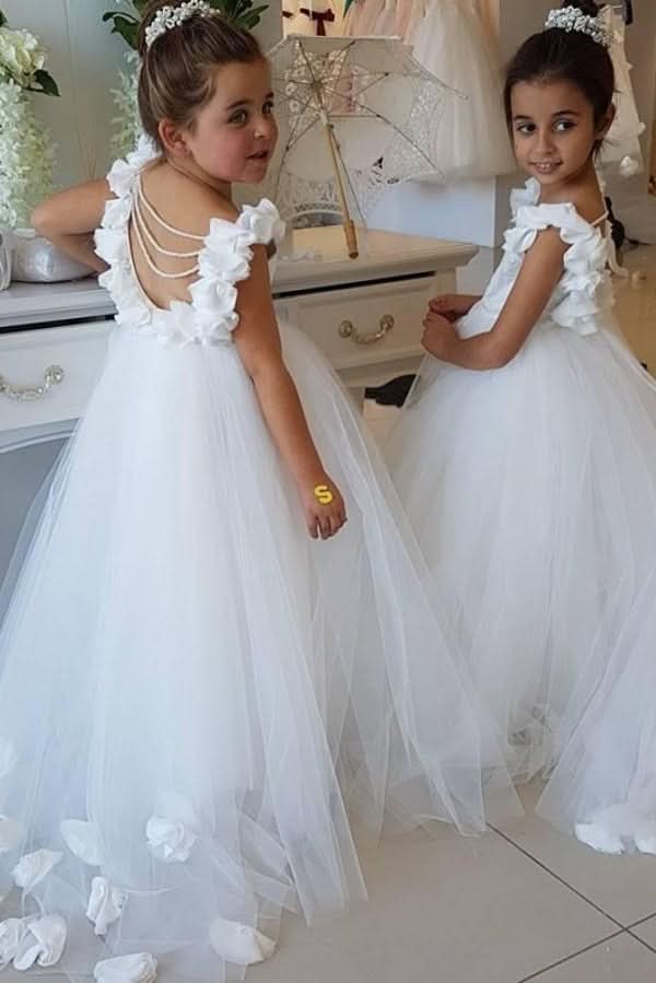 BMbride Cute Tulle Appliques Backless Flower Girl Dresses with Pearls BMbride