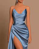 Elegant Royal Blue Long Evening Dress with Pleated Charmeuse and Slit BM bride