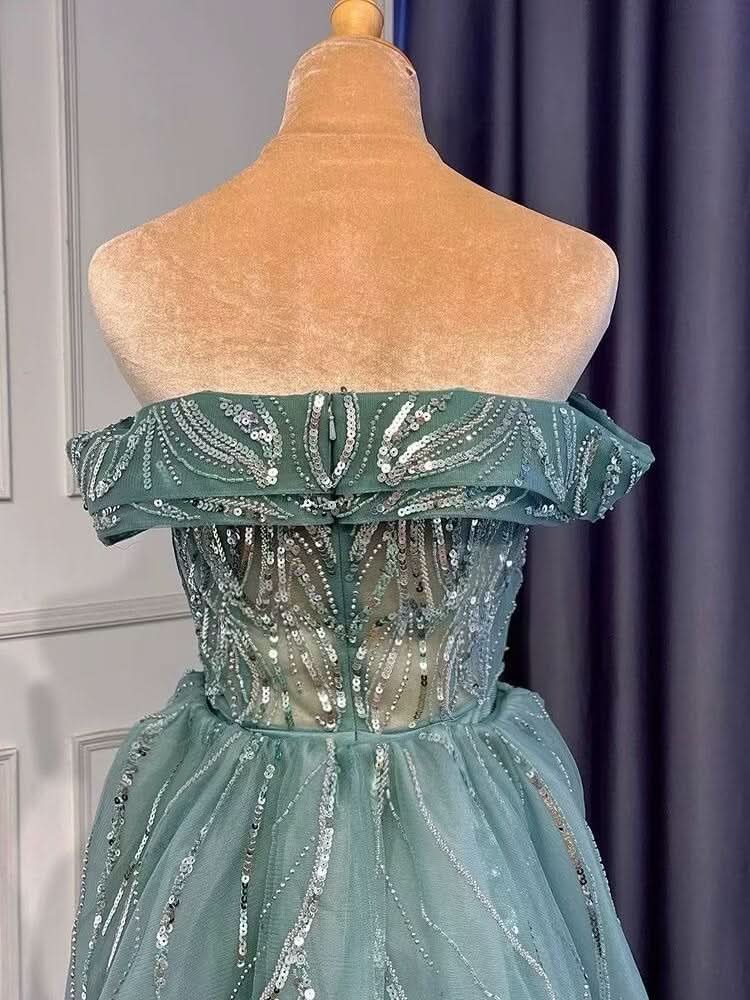 Stunning Sky Blue A-Line Split Evening Dress with Off Shoulder Design BM bride