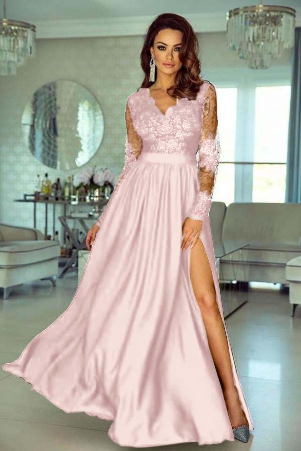 Charming V Neck Long Sleeves Lace A Line Long Prom Dress With Side Split BMBRIDE
