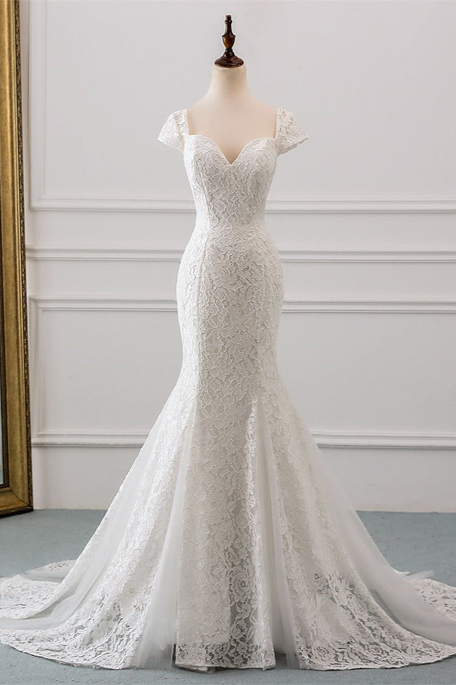 Sweetheart Lace Long Mermaid Wedding Dress with Cap Sleeves BM bride