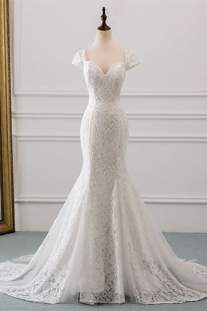 Sweetheart Lace Long Mermaid Wedding Dress with Cap Sleeves BM bride