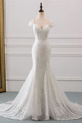 Sweetheart Lace Long Mermaid Wedding Dress with Cap Sleeves BM bride
