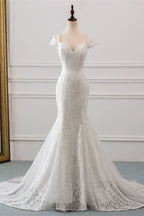 Sweetheart Lace Long Mermaid Wedding Dress with Cap Sleeves BM bride