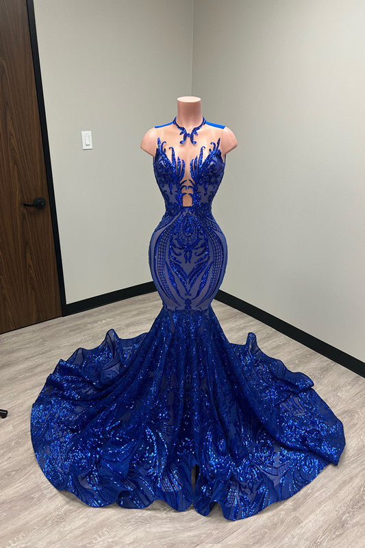 Laser Light Crew Neck Mermaid Prom Dress Sleeveless With Appliques