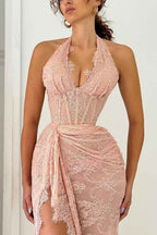Halter Sleeveless Lace Appliques Pleated Long Prom Dress With Front Split