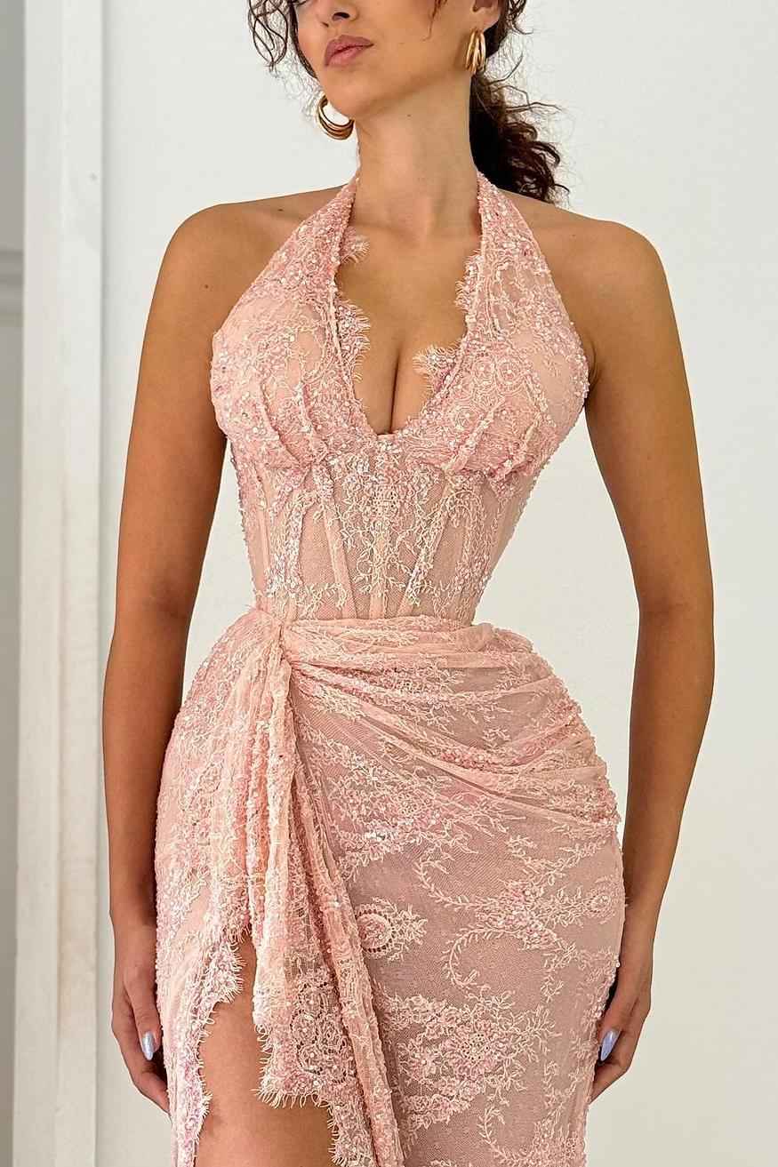 Halter Sleeveless Lace Appliques Pleated Long Prom Dress With Front Split