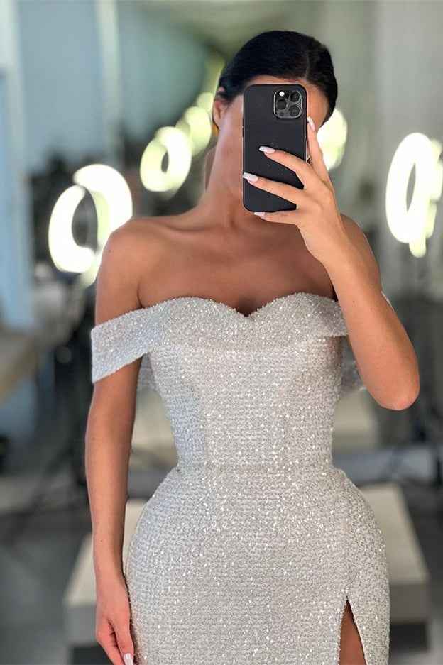 Mermaid White Off the Shoulder Sleeveless Sequins Prom Dress With Split