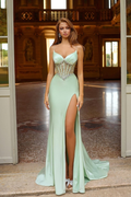 Spaghetti Strap Sleeveless Long Split Prom Dress With Beading