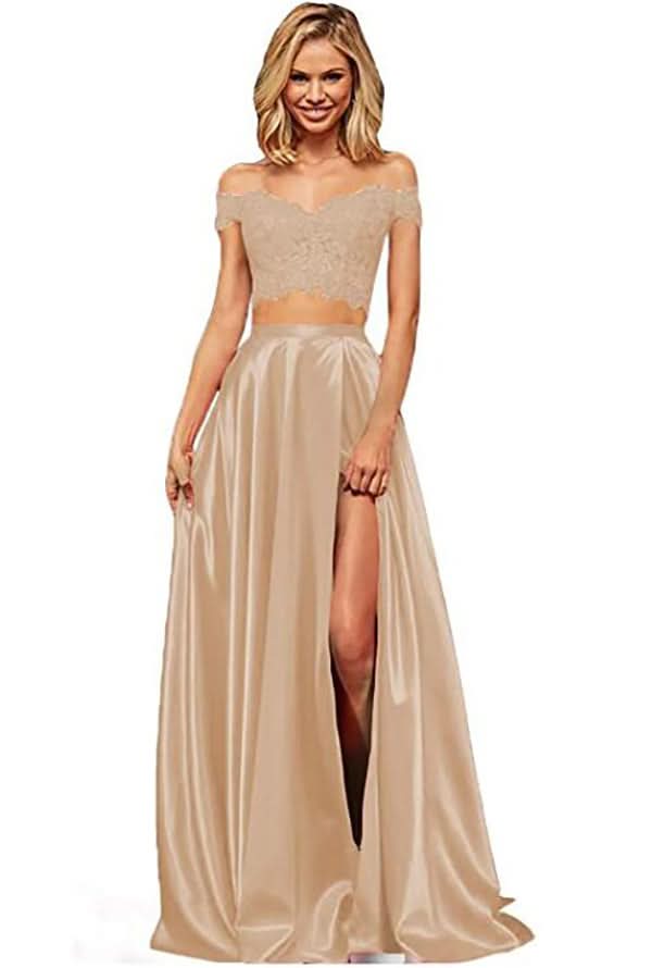 Off-the-Shoulder Two Pieces Prom Dress with Appliques and Slit BM bride