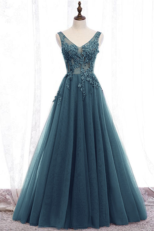 Glamorous Purple V Neck Sleeveless Long A Line Prom Dress With Appliques