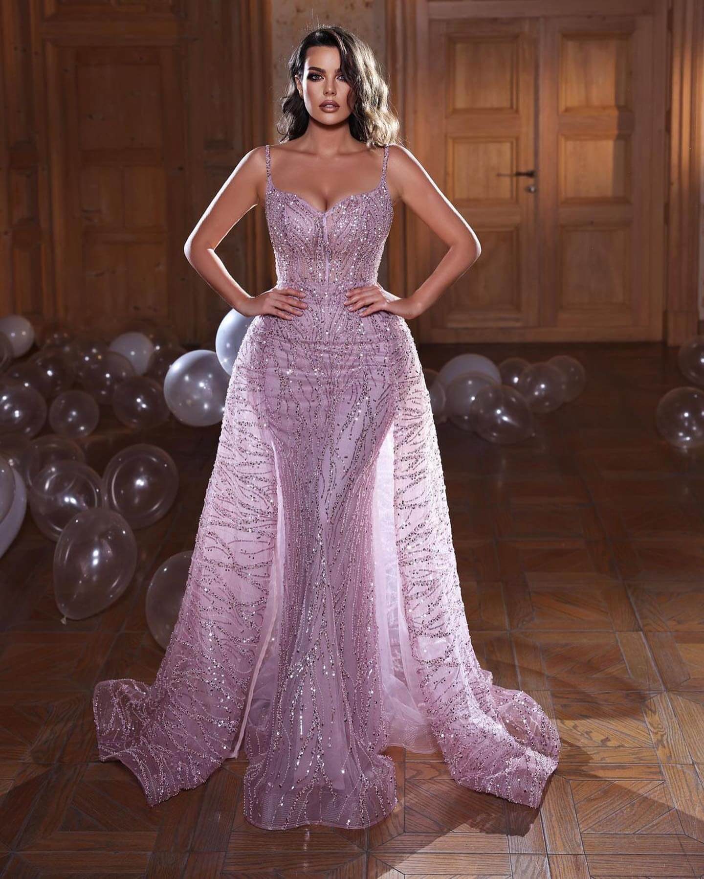 Shining Spaghetti-Strap Mermaid Evening Dress Overskirt Sleeveless Online BM bride