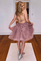 Glitter Blush A-Line Tulle Short Homecoming Dress with Lace