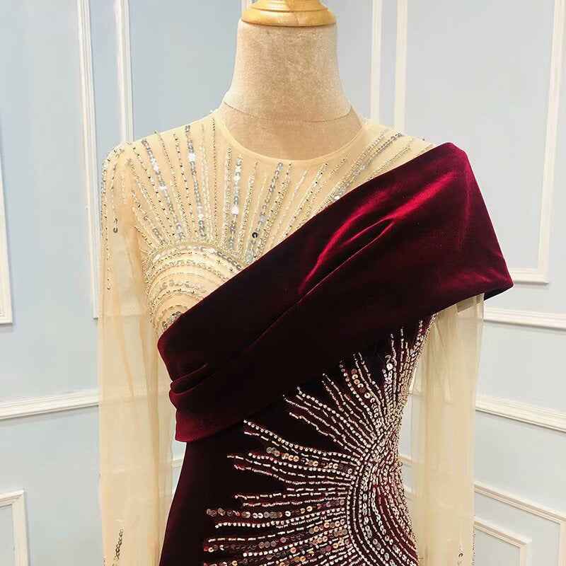 One shoulder Sequins Long Sleeves Grape Appliques Bead Embroidery Long Prom Dress