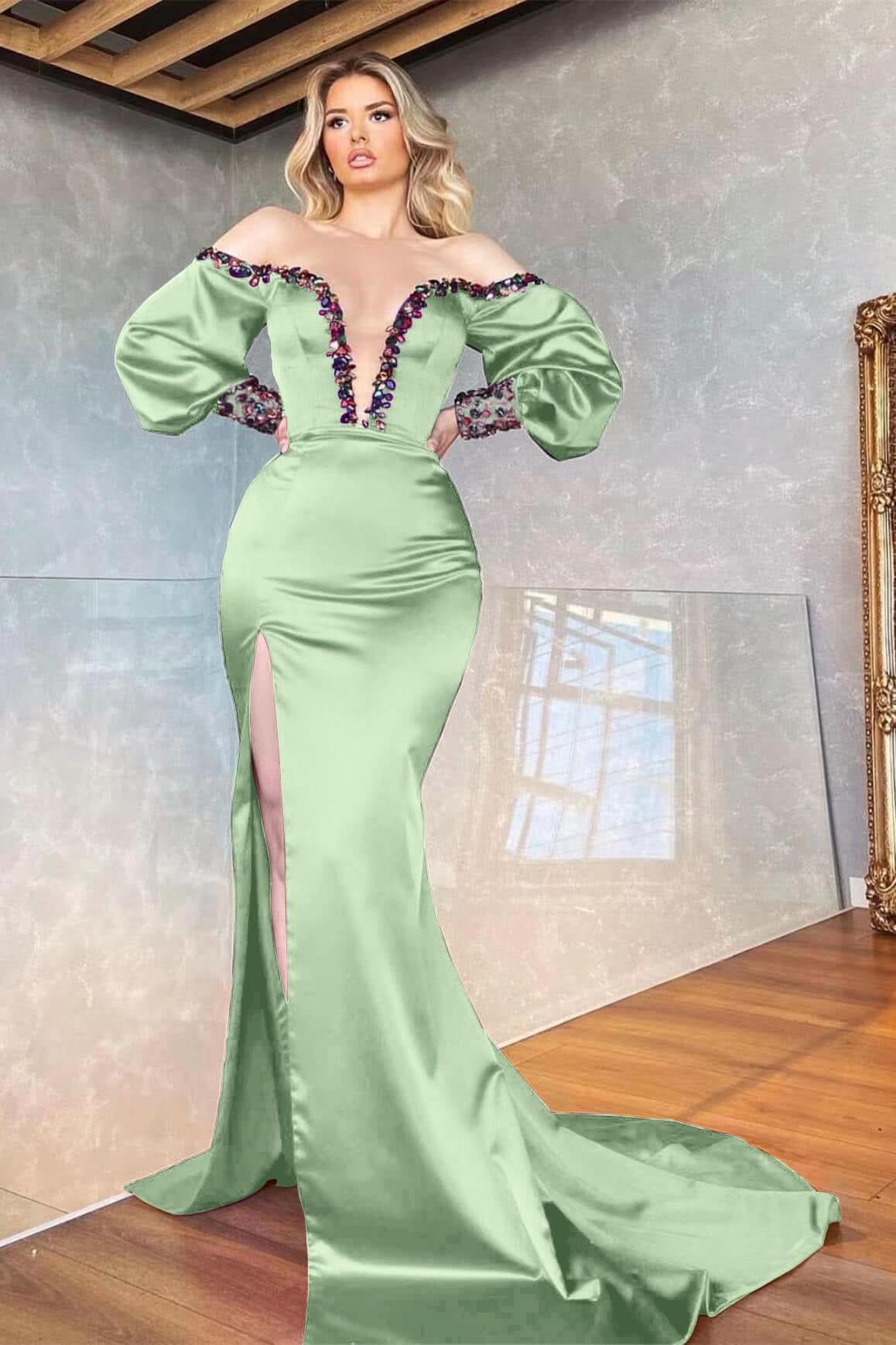 Purple Off-the-Shoulder V-Neck Beaded Long Sleeve Mermaid Prom Dress with Front Split BM bride
