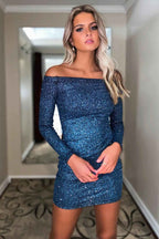 Dark Blue Sequins Long Sleeves Tight Homecoming Dress Bmbride