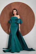 Charming Puff Sleeves Strapless Long Pleated Mermaid Prom Dress With Ruffles