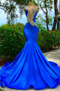 Royal Blue Sleeveless Sexy Cut Out Appliques Mermaid Prom Dress BM bride