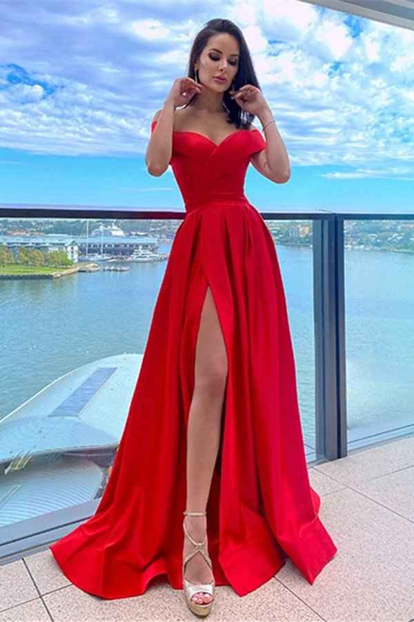 Simple Red Satin Off the Shoulder Sleeveless Mermaid Prom Dress With Split